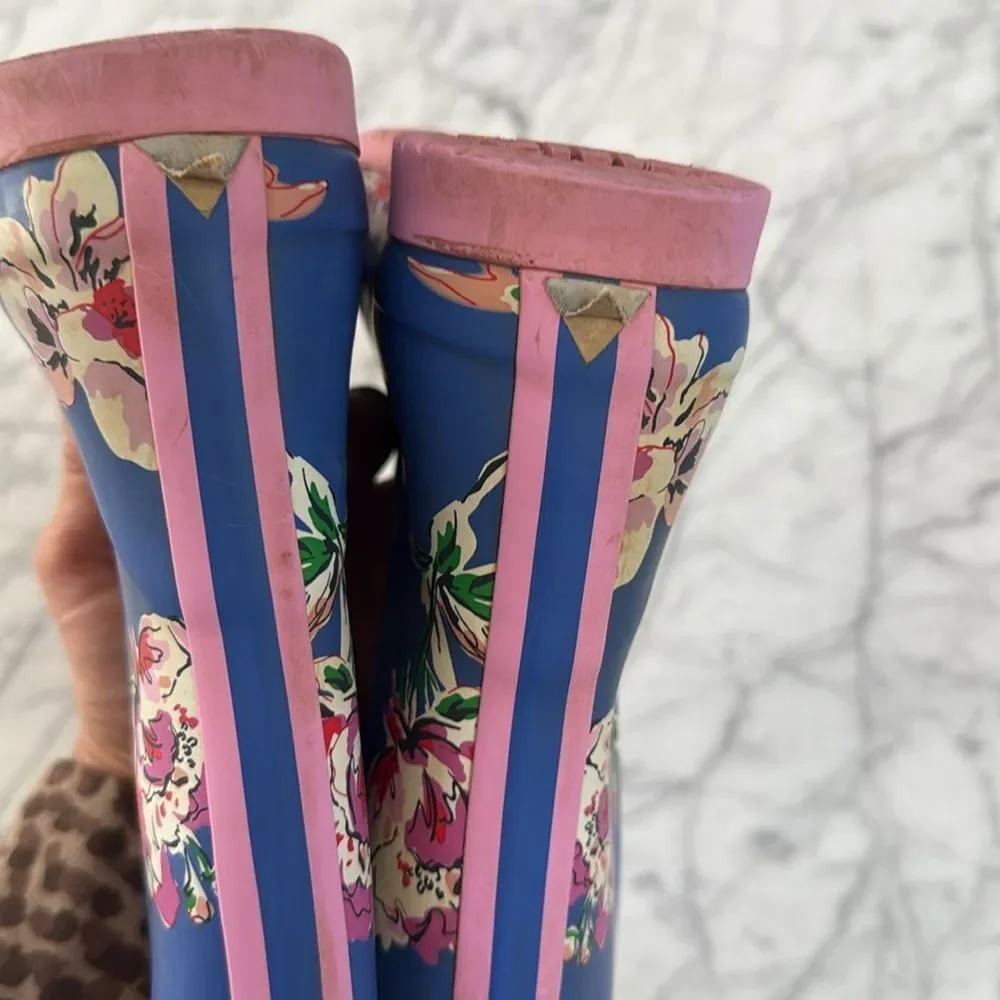Joules Roll Up Blue Floral Wellingtons Rain boots Sz 3 Junior